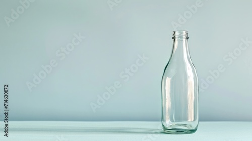  a glass bottle sitting on a table with a light blue wall behind it and a light blue wall behind it and a light blue wall in the background behind it.