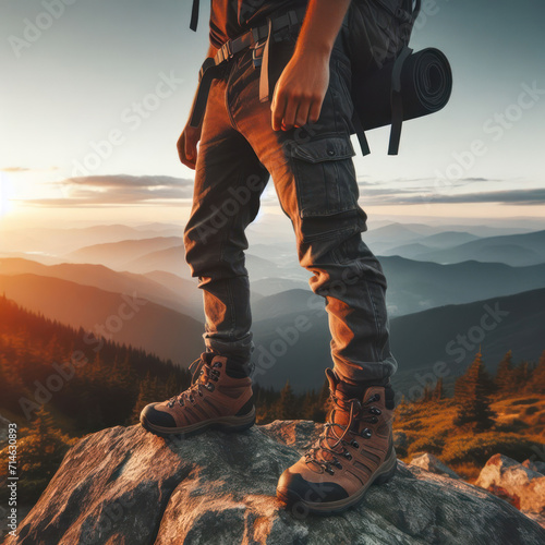 Legs of a backpacker in hiking boots standing on the top of the mountain, beautiful view of the mountains, living healthy active lifestyle. legs and hiking boots.