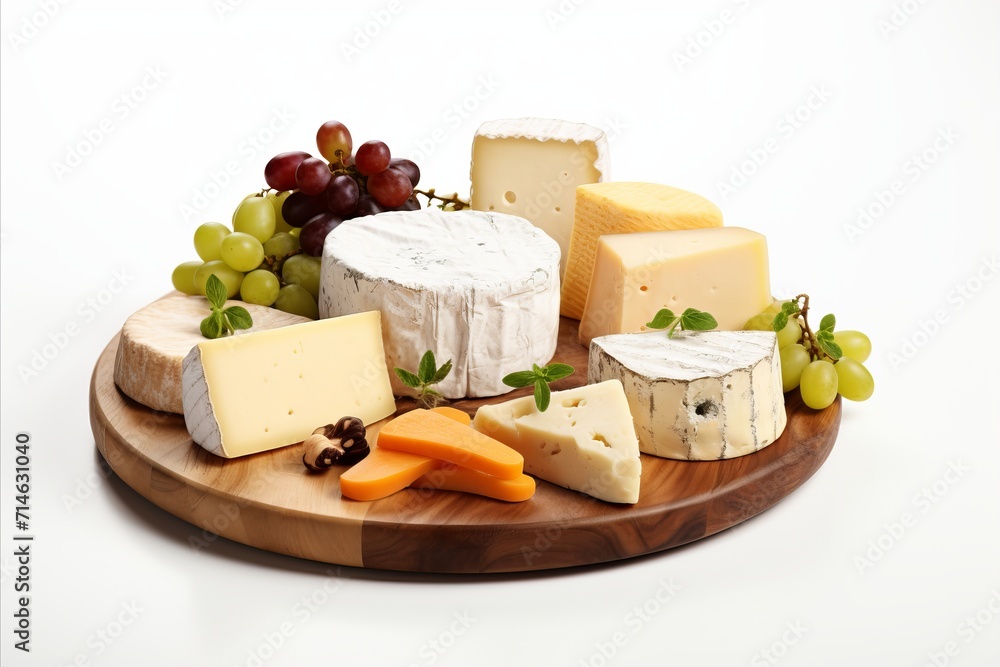 Assorted cheese types on white backgroundfresh dairy products with copy space for menu or ad design.