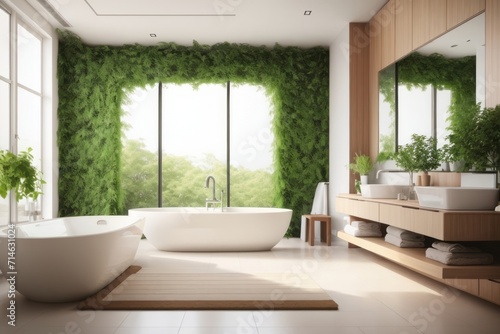 farmhouse interior home design of modern bathroom with white bath and greenery with bath furniture