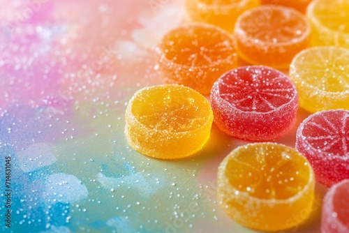 Multi-colored marmalade flickers in the sun on a pastel background