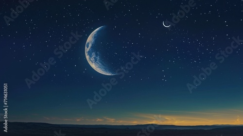  a crescent in the night sky with stars and a crescent in the foreground with a mountain range in the distance and a full moon in the middle of the sky.