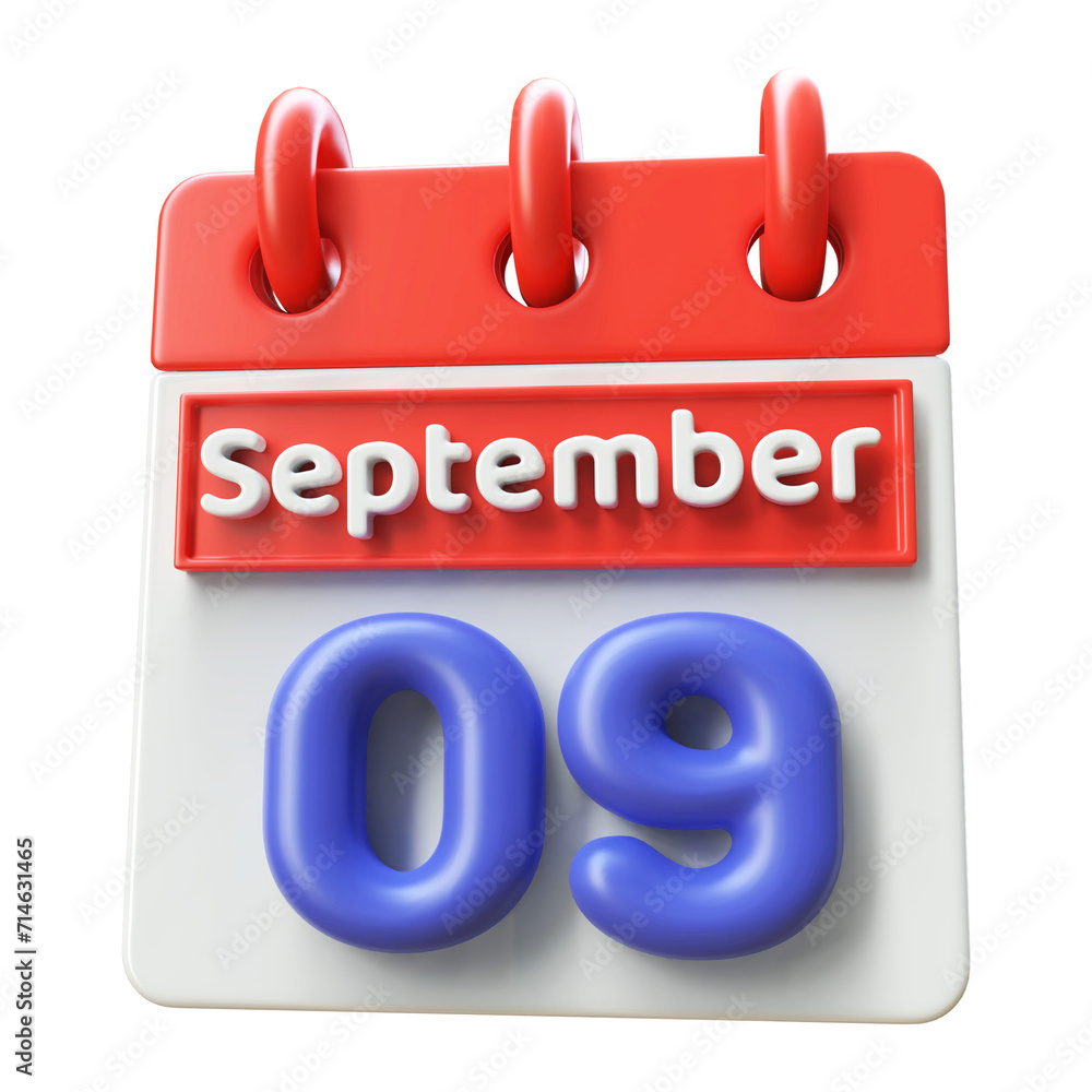 9th September Calendar Icon 3D Render, Calendar Icon 3D Illustration 9th September Calendar Icon 3D Render, Calendar Icon 3D Illustration