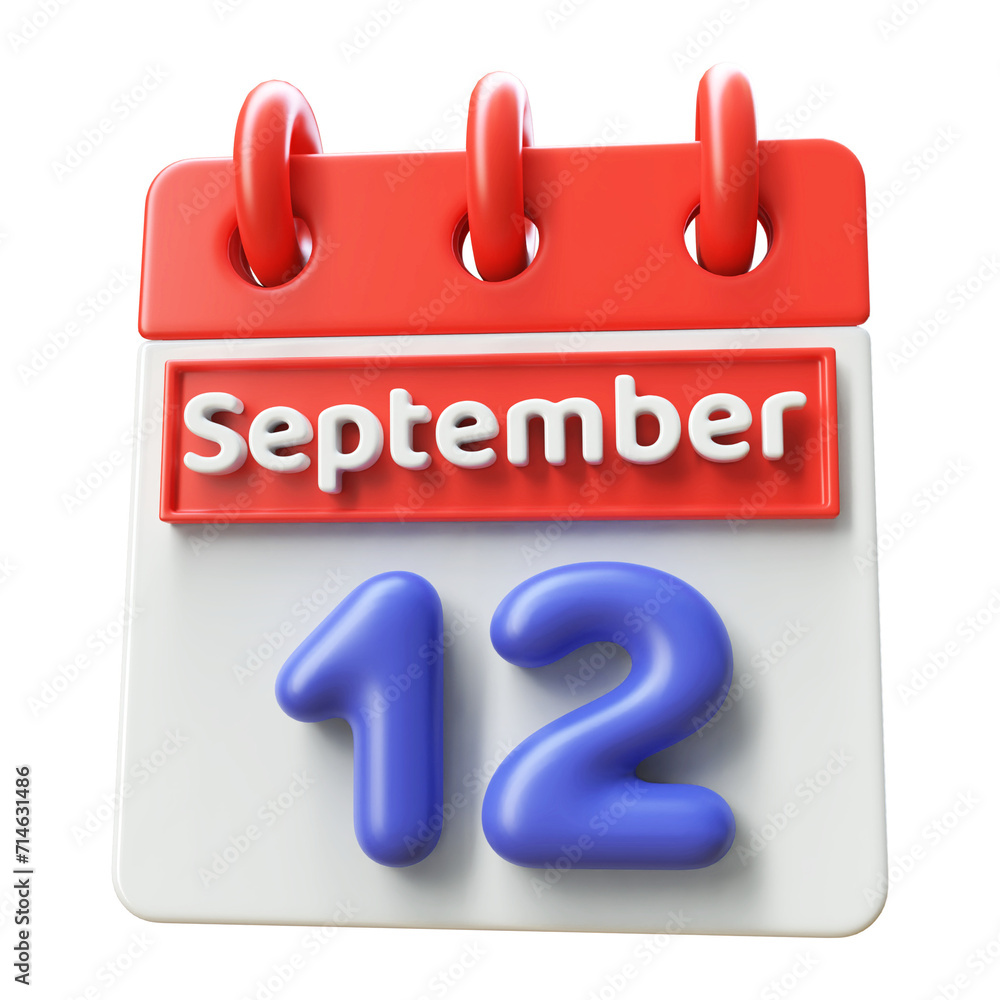 12th September Calendar Icon 3D Render, Calendar Icon 3D Illustration 12th September Calendar Icon 3D Render, Calendar Icon 3D Illustration