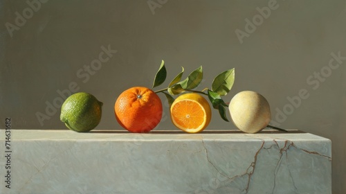  a painting of oranges, lemons, and limes sitting on a marble slab with a green leaf on the top of one of one of the picture.