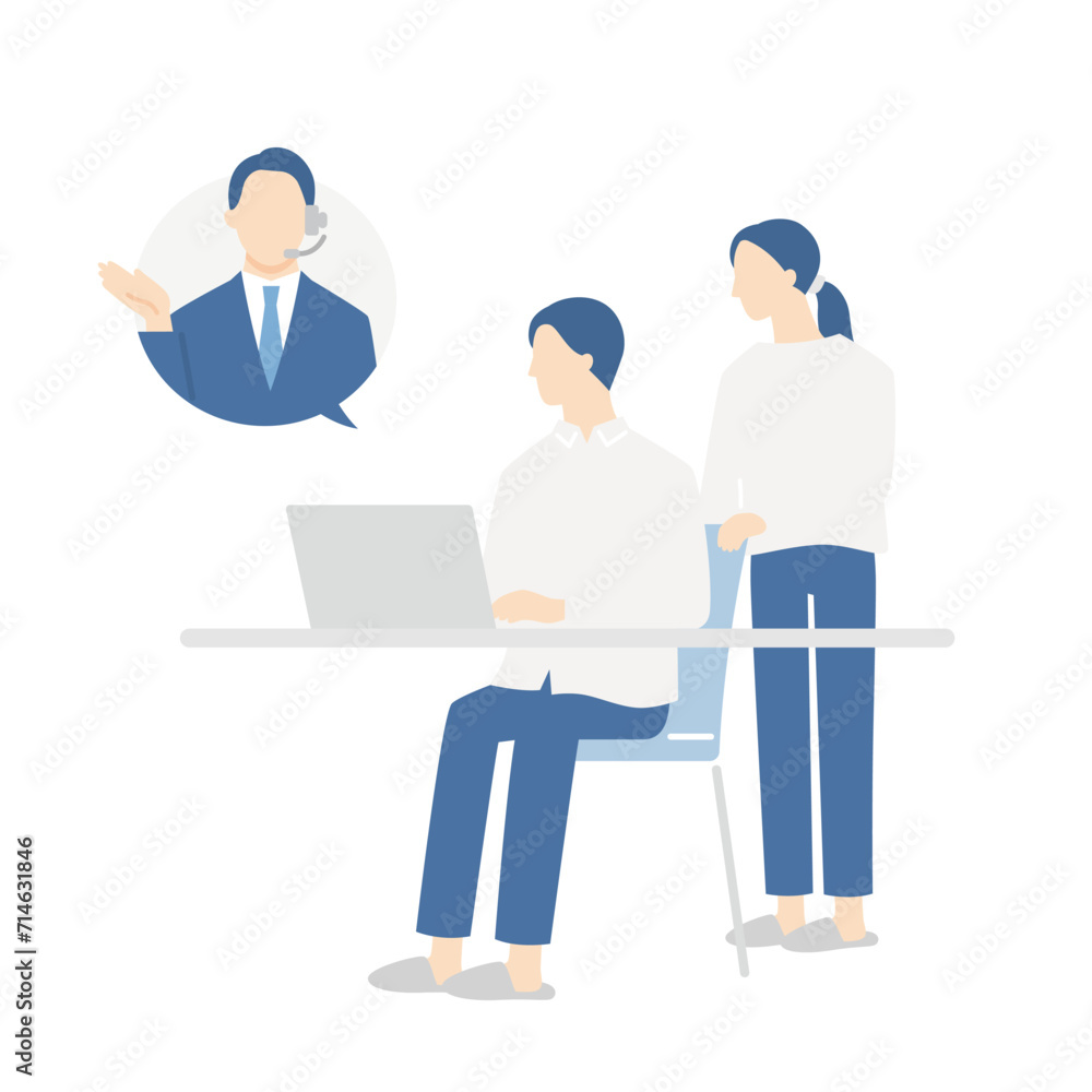 リモート相談をする若い夫婦と男性オペレーター リモート相談をする若い夫婦と男性オペレーター