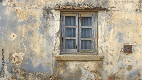  an old building with peeling paint and a window with bars on the outside of the window and the inside of the window with bars on the outside of the wall.