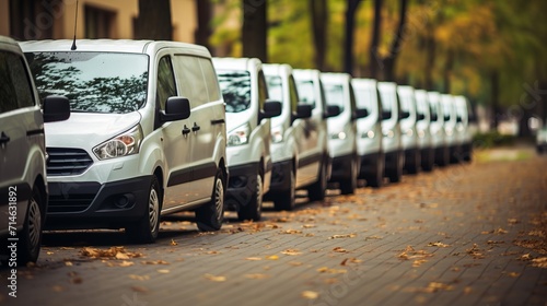 Row of white commercial delivery vans with copy space, transporting service company image