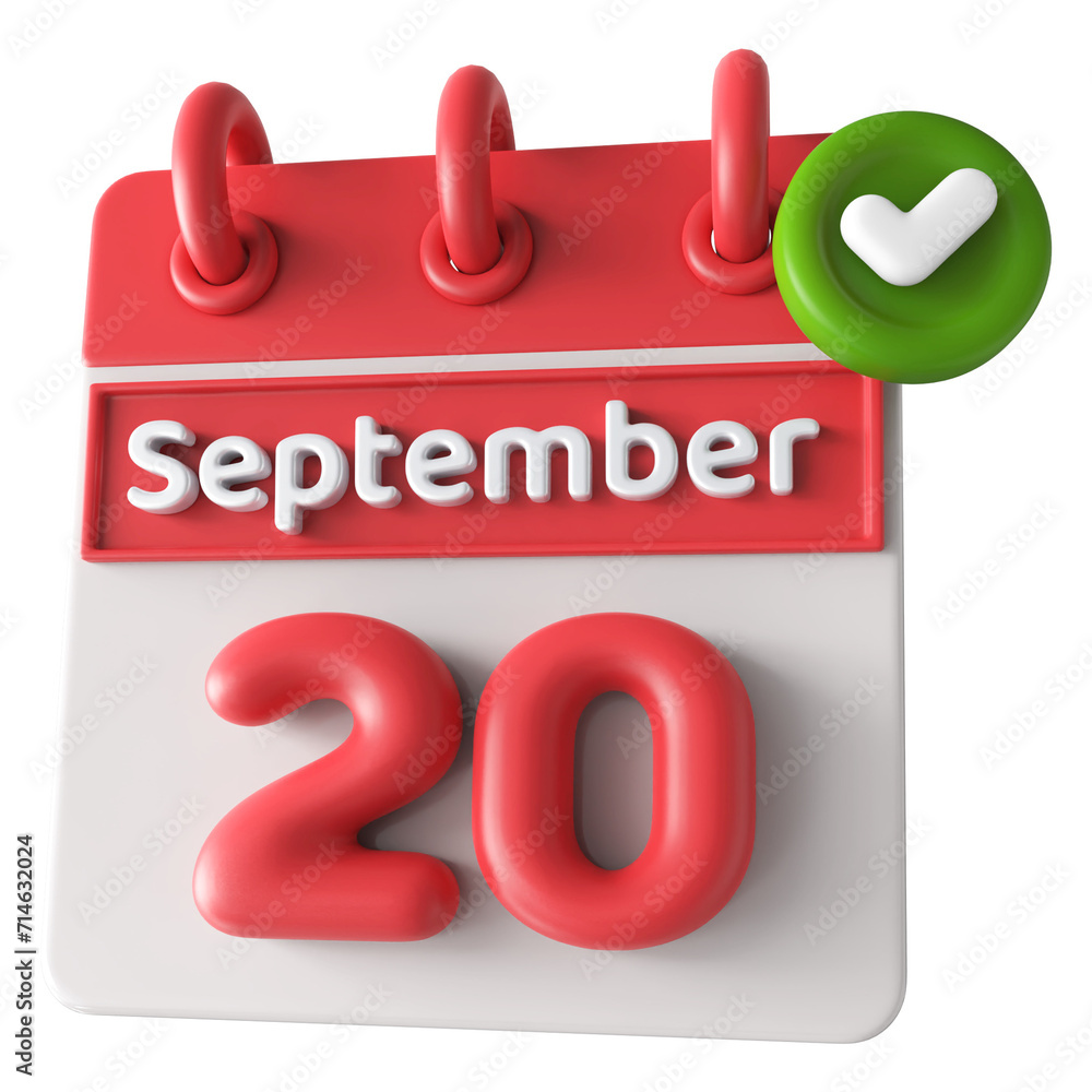 20th September Calendar Icon 3D Render With Checkmark Icon , Calendar Icon 3D Illustration 20th September Calendar Icon 3D Render With Checkmark Icon , Calendar Icon 3D Illustration