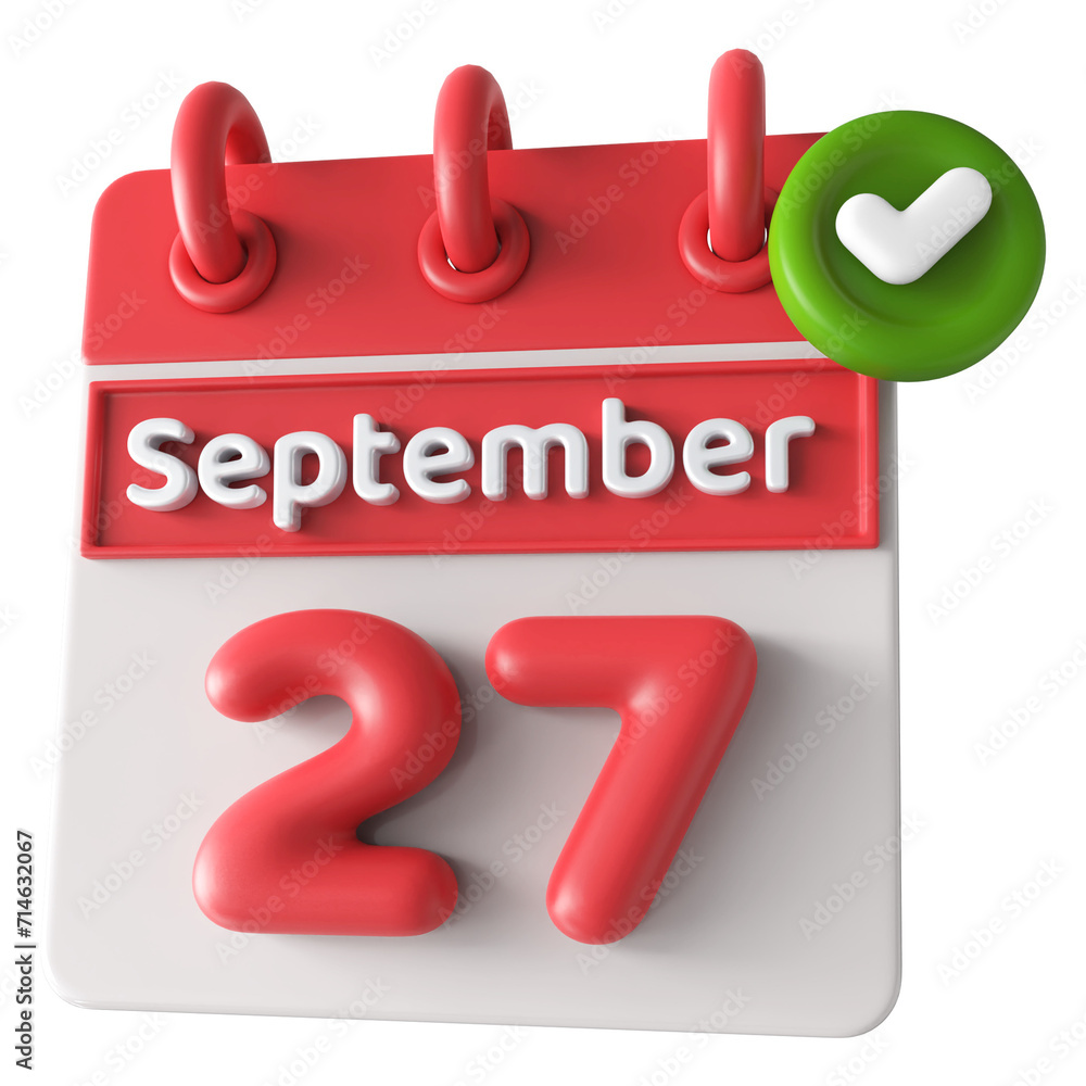 27th September Calendar Icon 3D Render With Checkmark Icon , Calendar Icon 3D Illustration 27th September Calendar Icon 3D Render With Checkmark Icon , Calendar Icon 3D Illustration