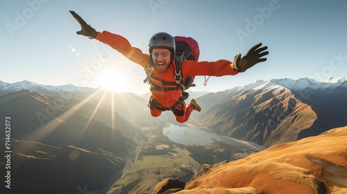 Exciting skydiver in mid air plunging from great heights in thrilling freefall adventure