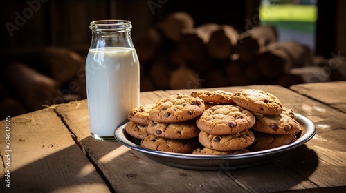 Freshly baked chocolate chip cookies on tray with milk, perfect snack for a cozy afternoon