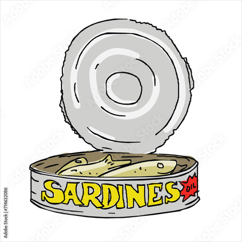 sardines in a round jar and packaged fish paste. Vector seafood, protein cooked foods. Concept of factory production, fast food, conservation isolated on white background
