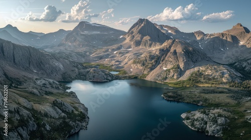  an aerial view of a mountain range with a lake in the foreground and a lake in the middle of the mountain range in the middle of the foreground.