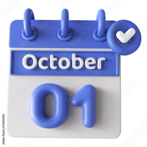 1st October Calendar Icon 3D Render With Checkmark Icon , Calendar Icon 3D Illustration photo