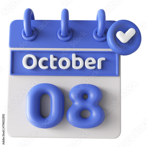 8th October Calendar Icon 3D Render With Checkmark Icon , Calendar Icon 3D Illustration photo