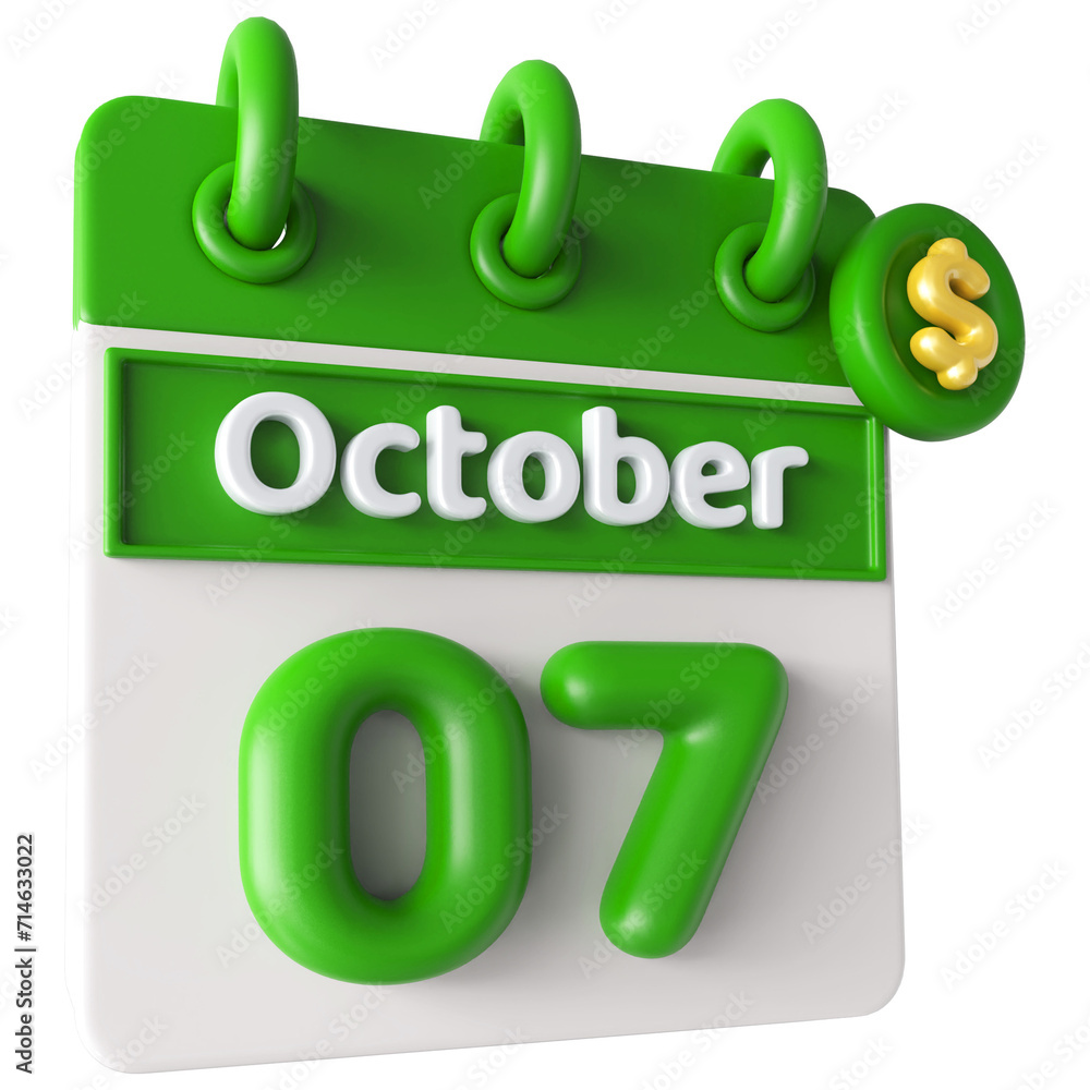 7th October Calendar Icon 3D Render With Dollar Icon , Calendar Icon 3D Illustration