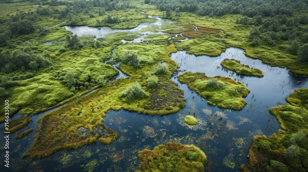  an aerial view of a river running through a lush green field with lots of trees and grass on both sides of the river and in the middle of the water.