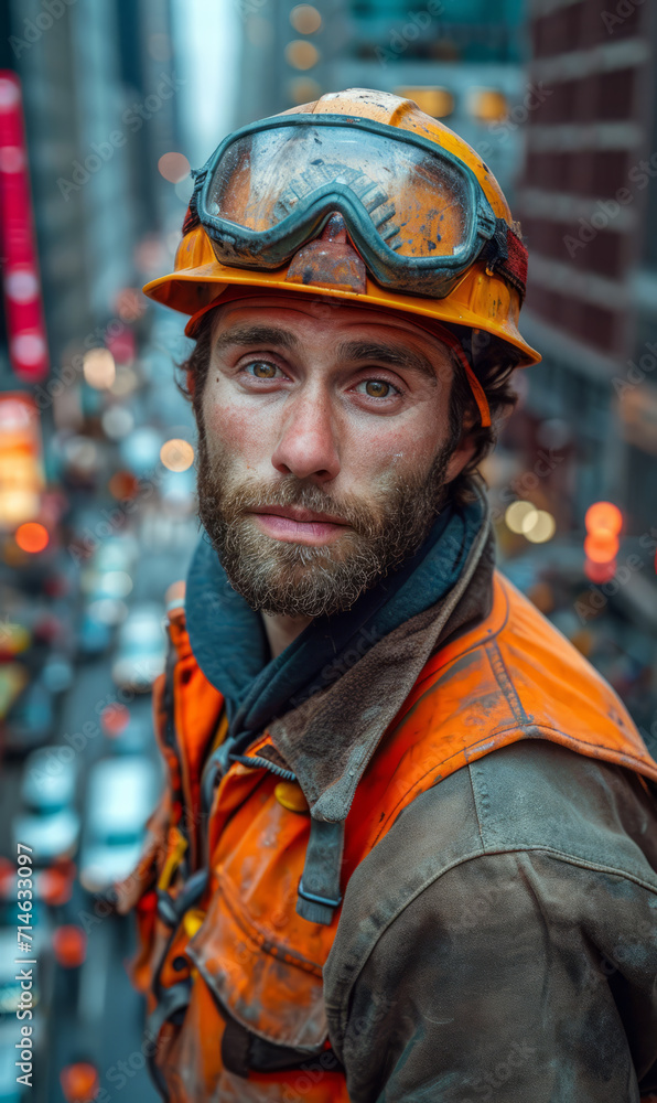 Engineer man wearing an orange hard hat. A man sporting a beard dons a helmet and goggles for safety. Engineer man wearing an orange hard hat. A man sporting a beard dons a helmet and goggles for safety.