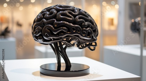 Brain art. Sculpture of the human brain made of black plastic at the exhibition of contemporary art in the art gallery.
