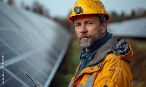 Engineer holding a tablet in front of solar. A man wearing a hard hat holds a solar panel against a backdrop of a construction site. photo