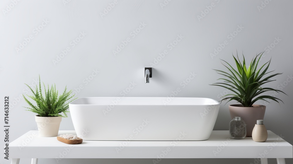 Modern bathroom interior with white sink and sleek faucet, exuding minimalist elegance Modern bathroom interior with white sink and sleek faucet, exuding minimalist elegance