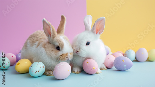 two rabbits and colorful eggs, Easter concept