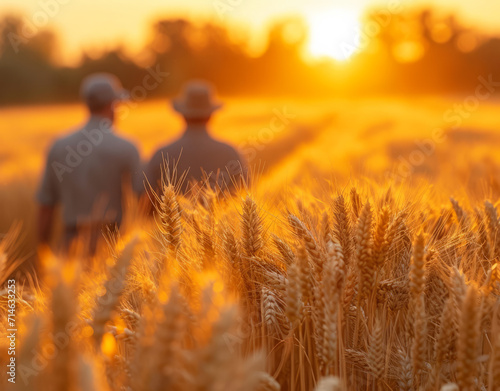 Men holding wheat on field of wheat under setting sun. A serene moment captured as two individuals observe the golden hour in a picturesque wheat field.