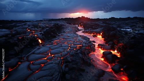 Molten lava flowing from volcanic eruption creating a fiery landscape of raw power and beauty