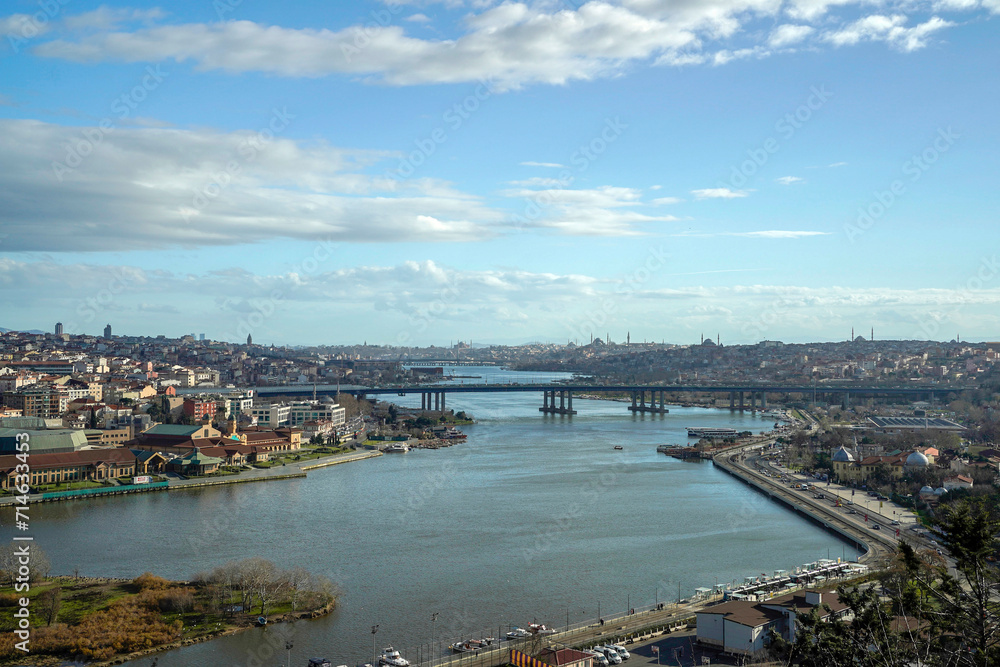 Fototapeta premium View of Golden Horn seen from Pierre Loti Hill in Eyup district in Istanbul, Turkey.