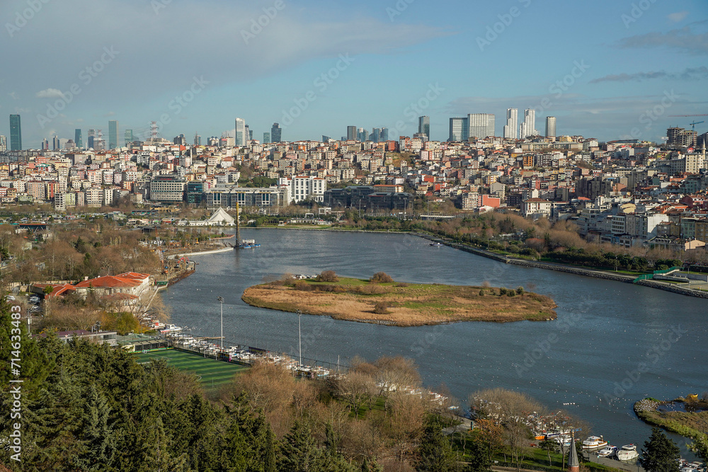 View of Golden Horn seen from Pierre Loti Hill in Eyup district in Istanbul, Turkey.
