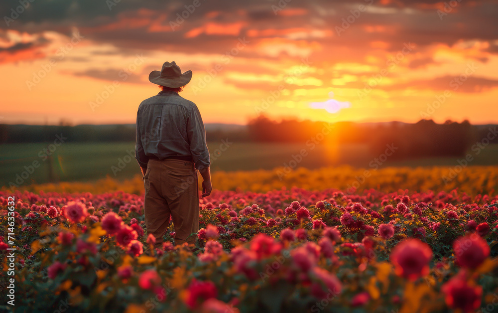 Man Standing in Field of Flowers at Sunset During Golden Hour