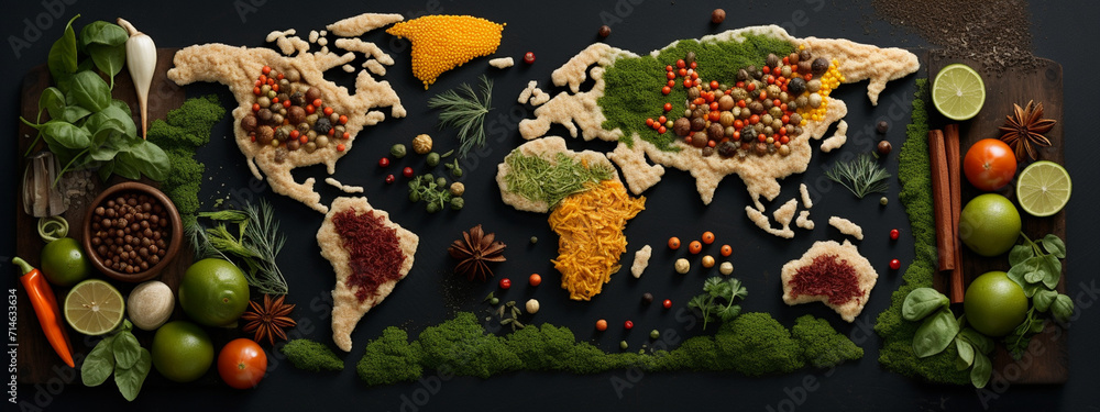 Dried spices in world map shape - obrazy, fototapety, plakaty 