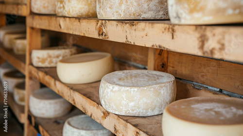 fresh cheese on the shelves of the warehouse photo