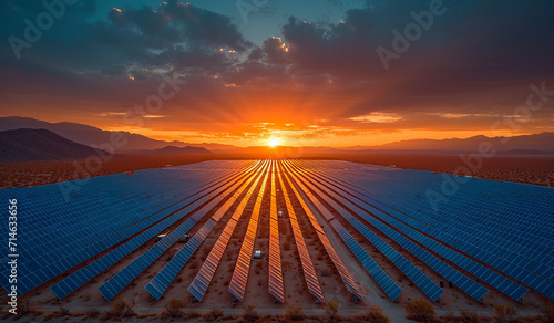 Solar Farm With the Sun Setting in the Background