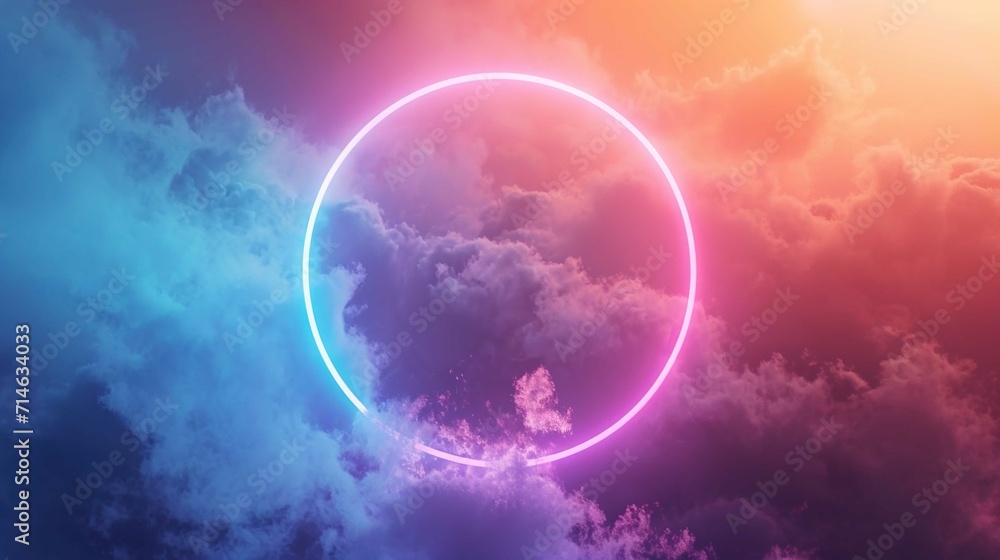 A colorful ring of cloud with neon light in it, in the style of realistic landscapes with soft edges