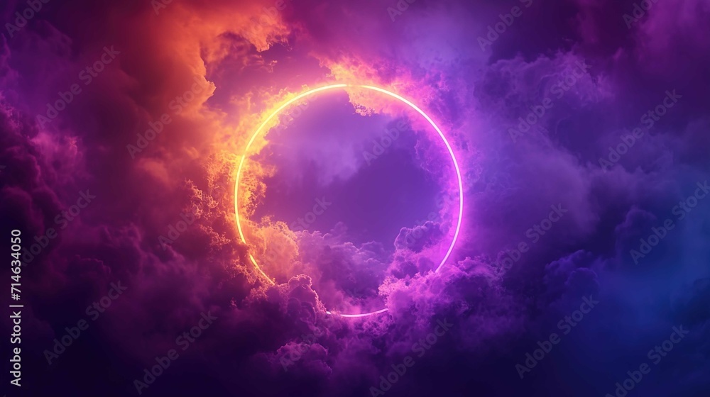 A colorful ring of cloud with neon light in it, in the style of realistic landscapes with soft edges