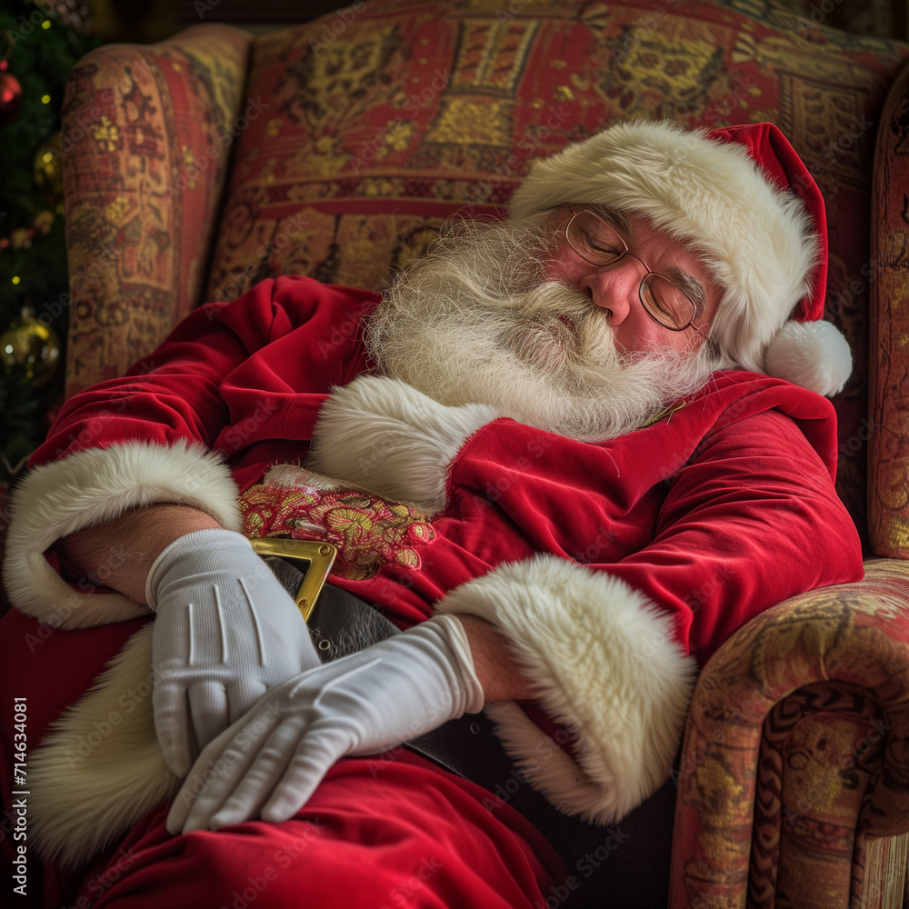 Obraz premium A Heartwarming Scene of a Weary Santa Finding Peaceful Sleep in an Armchair, Capturing the Tranquil Moments of Well-Deserved Rest During the Holiday Season