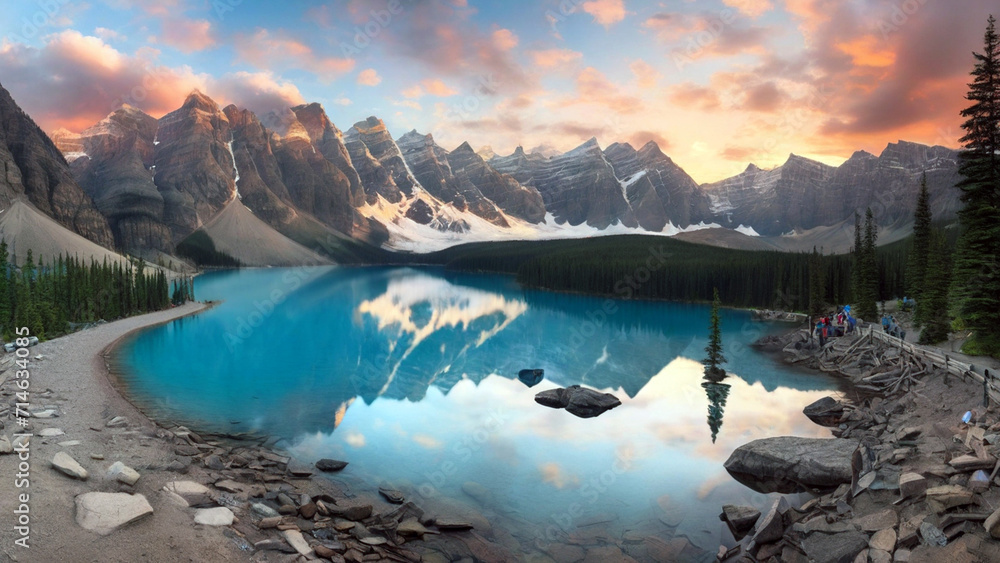 Moraine lake panorama in Banff National Park, Alberta, Canada. Moraine lake with reflection at sunset
