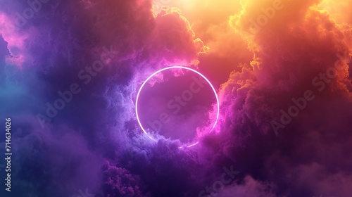 Rainbow circle with glowing clouds, in the style of futuristic sci-fi aesthetic