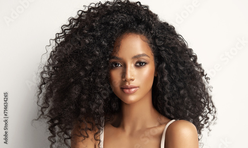 Beauty portrait of african american girl with clean healthy skin on beige background. Smiling dreamy beautiful black woman.Curly hair in afro style 