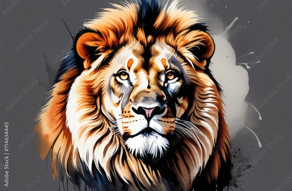Lion painted with watercolors on a gray background. Nature conservation concept