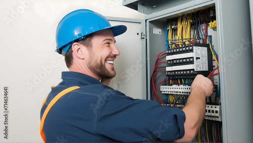 a smiling electrician working in a power station on a panel