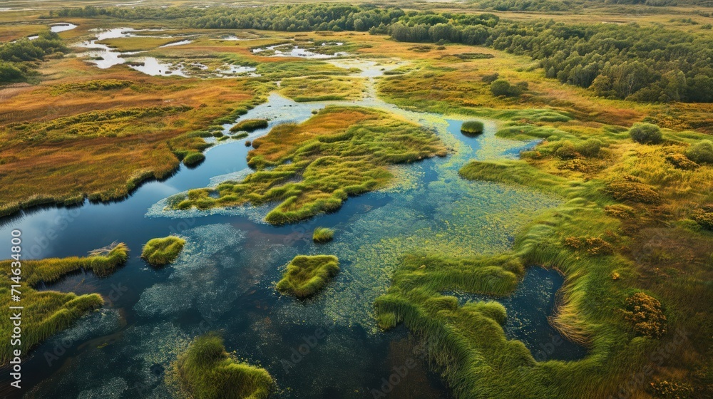  an aerial view of a marshy area with a river running through it and lots of trees on the other side of the marshy area in the marshy area.