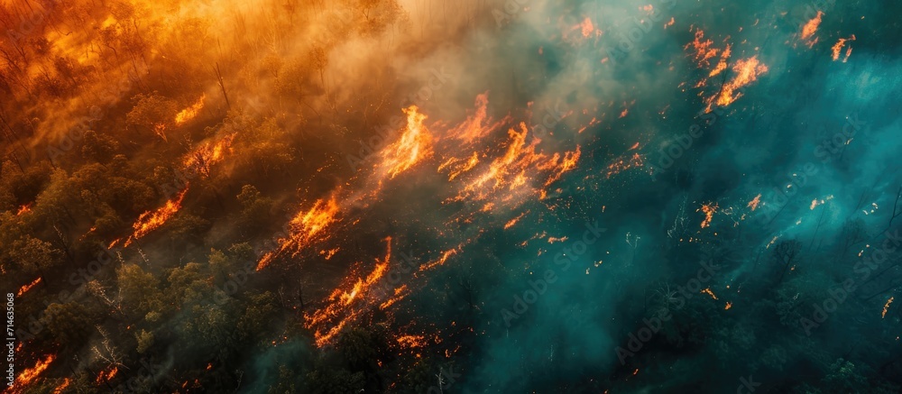 Aerial view of burning and scorched fields during a forest fire.