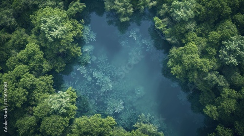  an aerial view of a river in the middle of a forest with lots of trees on either side of it and blue water in the middle of the middle of the river.