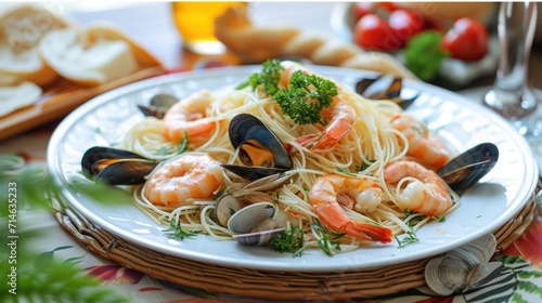  a plate of pasta with shrimp, mussels, broccoli, and parmesan cheese on a table with bread slices and a glass of wine.