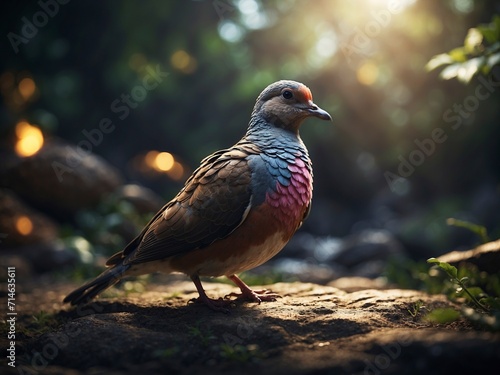 Colorful bird standing on the ground in the forest. Sunset light.