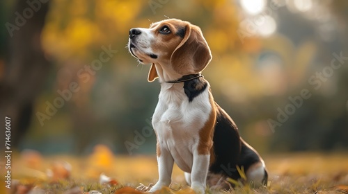 beagle dog sitting in the grass, focused Beagle participating in obedience training, demonstrating its intelligence and eagerness to learn