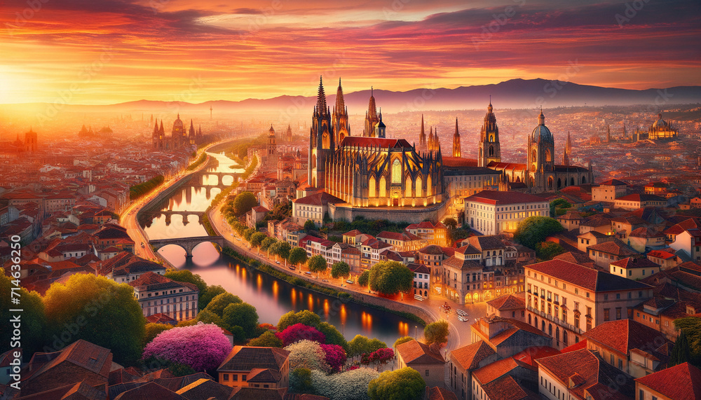 Captivating Sunset Over a Historic Cathedral and River in a Picturesque City